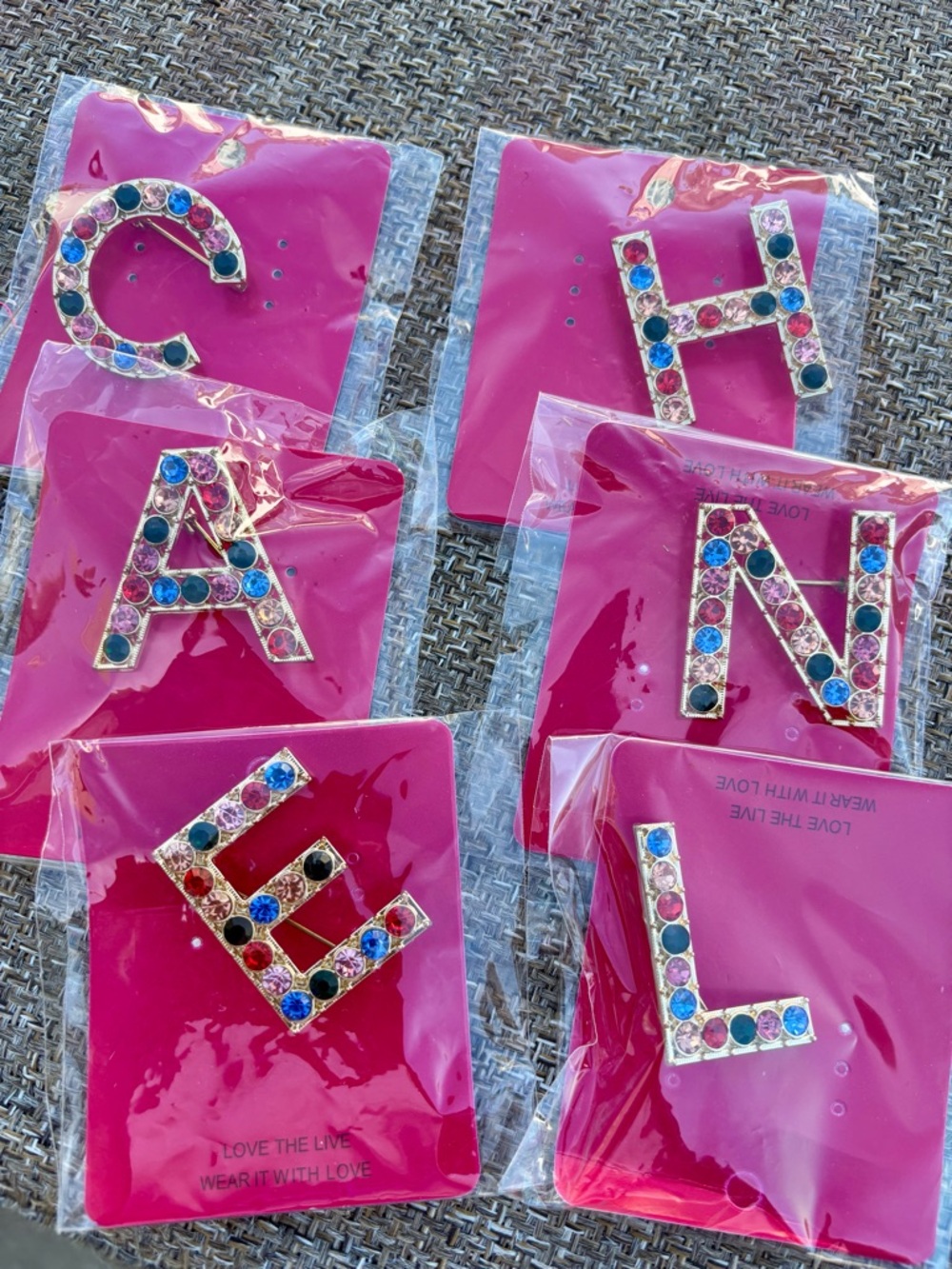 Rhinestone Initial Letter Pins - Colorful  Crystal Alphabet (C, H, A, N, E, L)